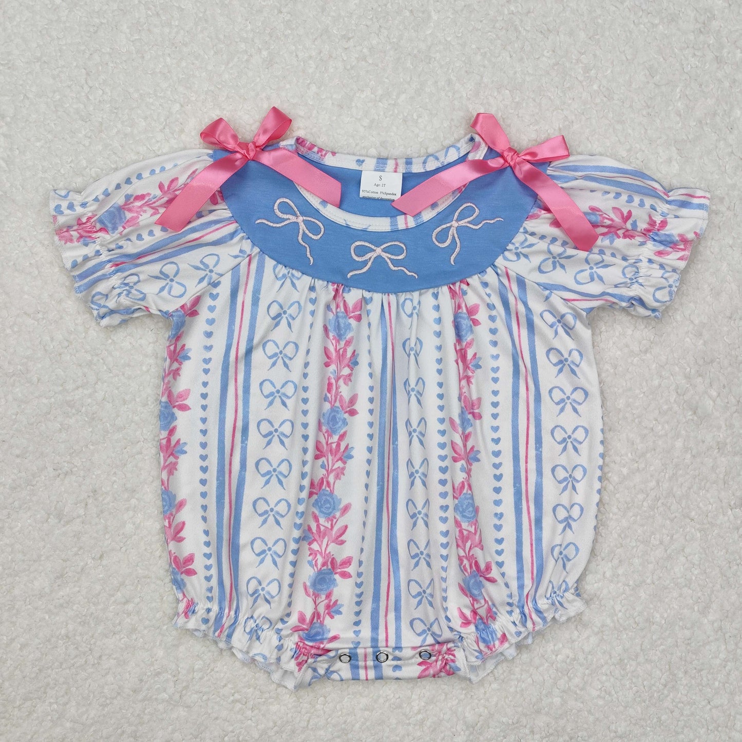 Flowers pink bow embroidery Baby Romper