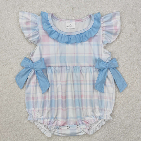 pink blue plaid bow lace Baby Romper