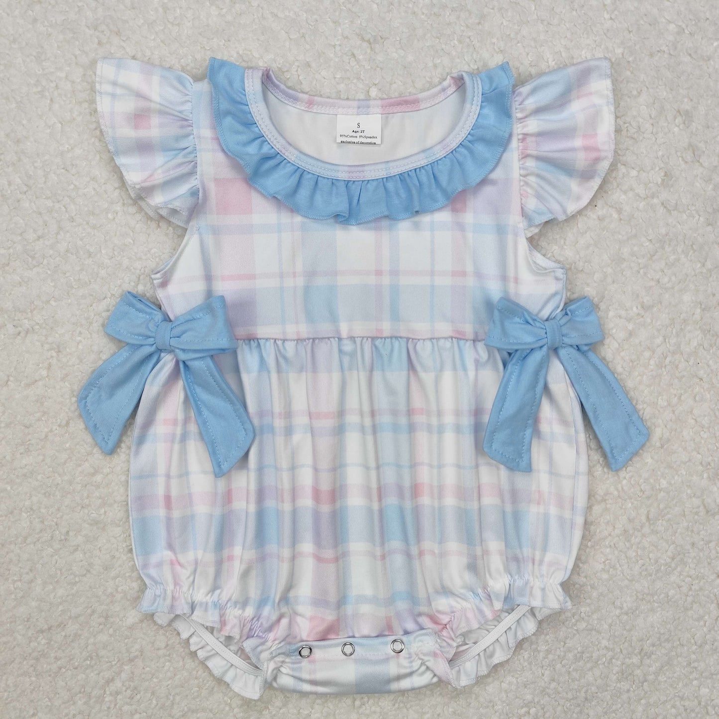 pink blue plaid bow lace Baby Romper