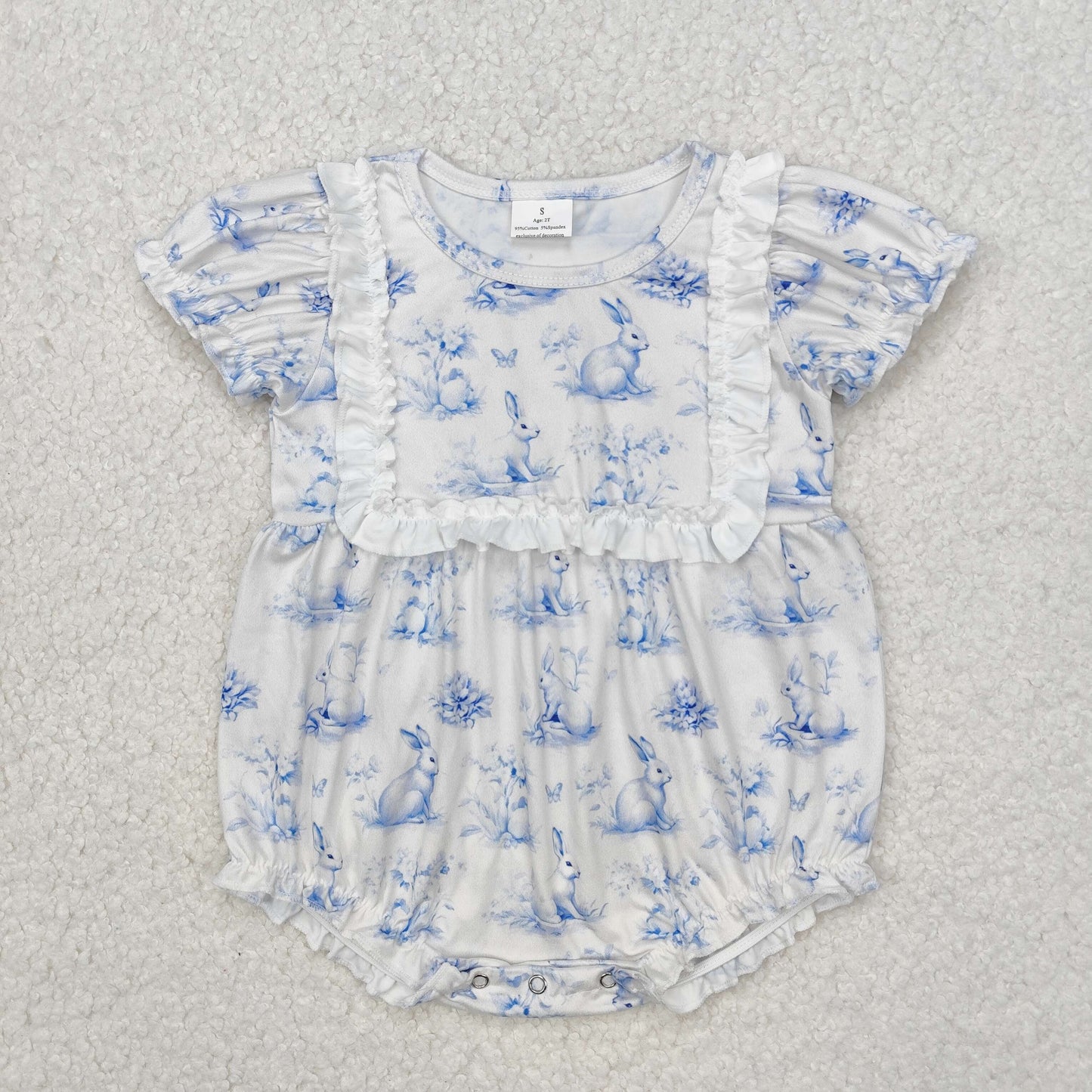 Easter rabbit flowers blue Print Baby Romper
