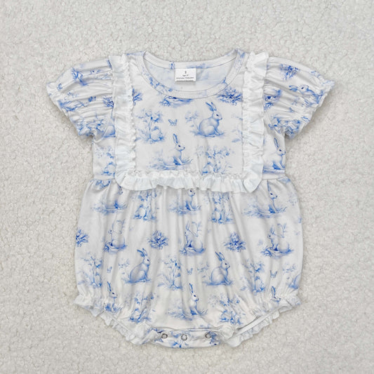 Easter rabbit flowers blue Print Baby Romper