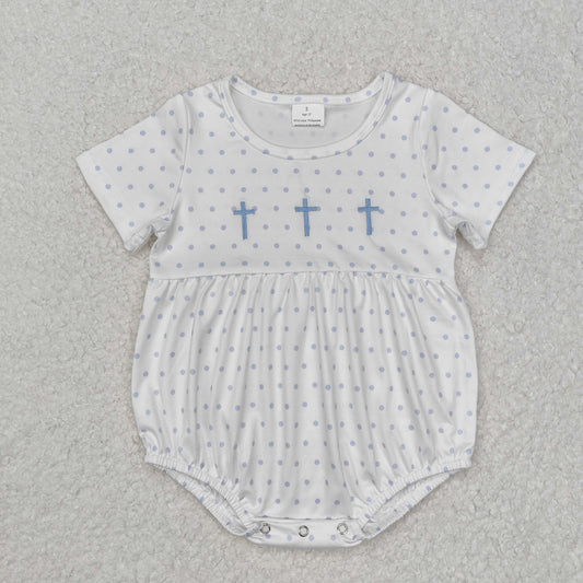 Blue polka embroidery crucifix pattern Print Baby Romper