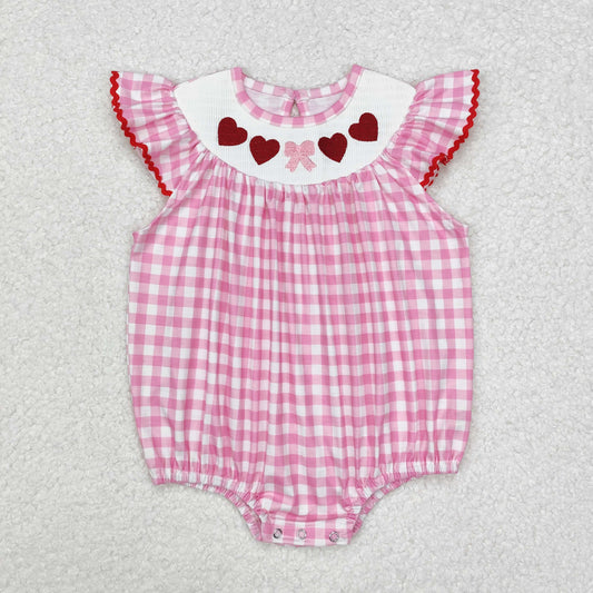 pink plaid embroidery loving bow pattern Baby Romper
