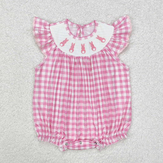 pink plaid embroidery rabbit pattern Baby Romper