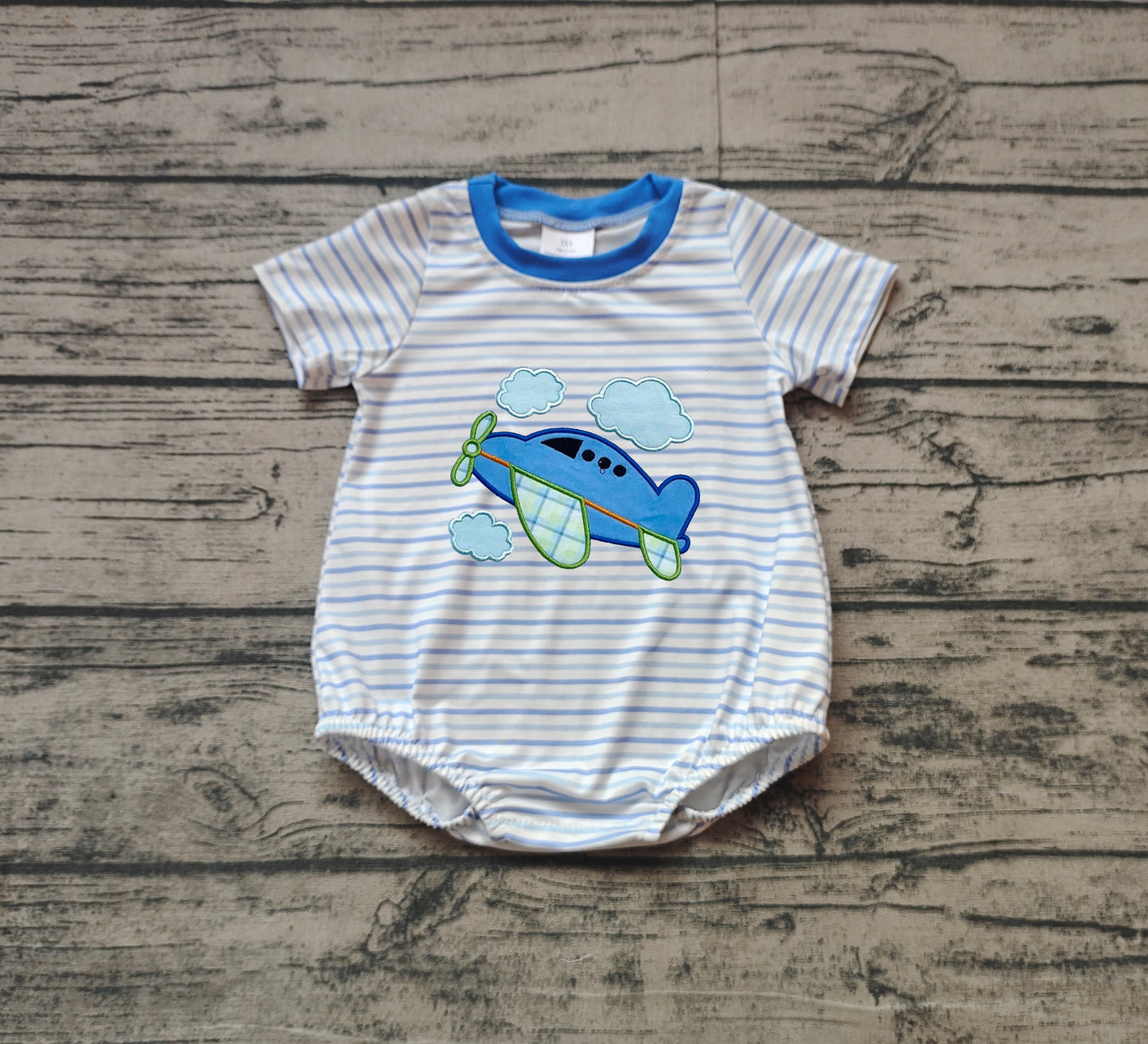 Pre-order Blue stripe airplane embroidery short sleeve baby romper SR2244