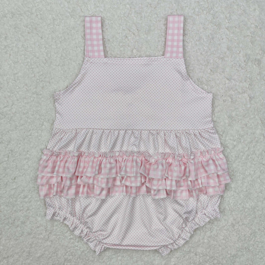 pink plaid big bow lace Baby Romper