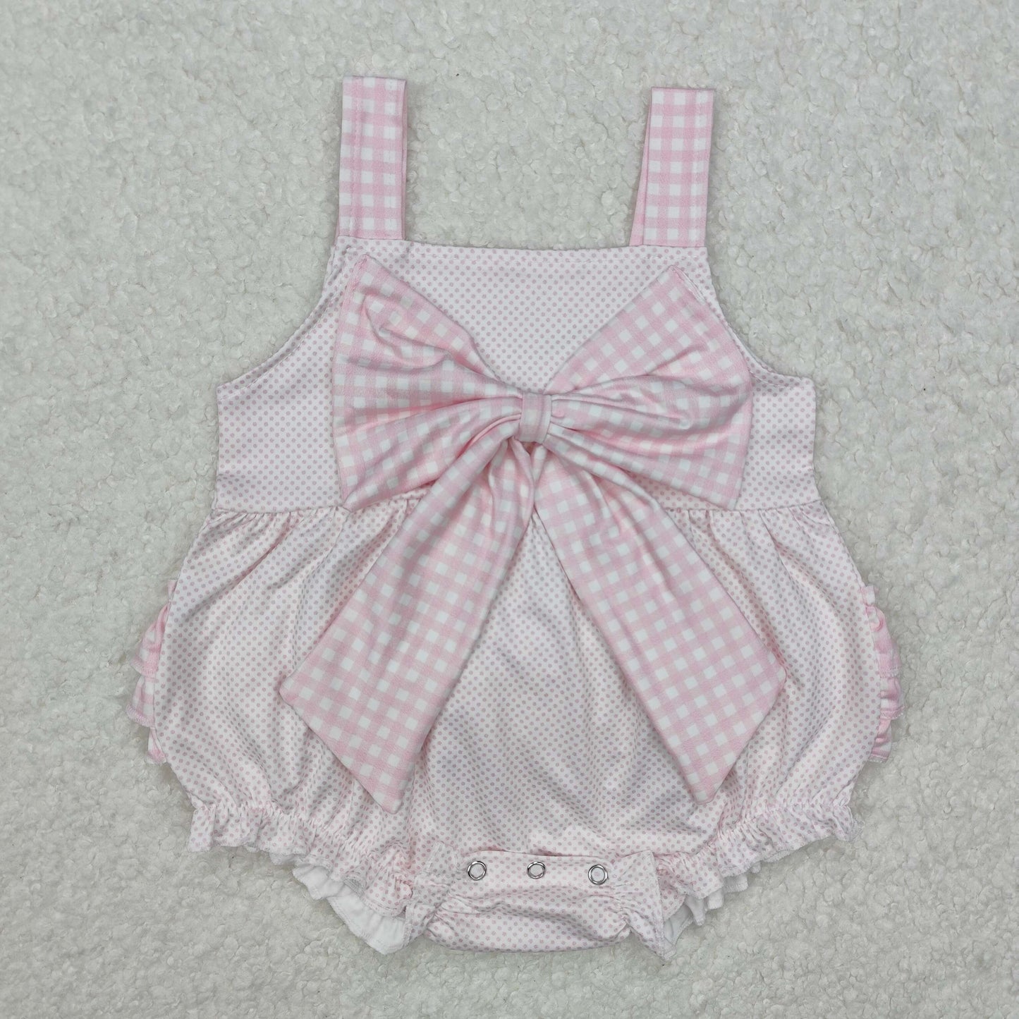 pink plaid big bow lace Baby Romper
