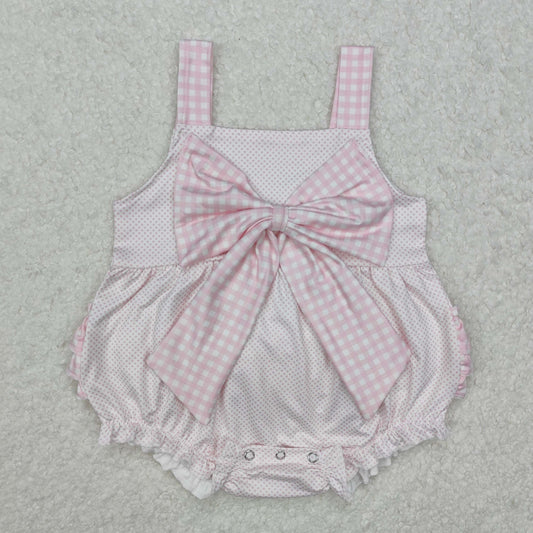 pink plaid big bow lace Baby Romper