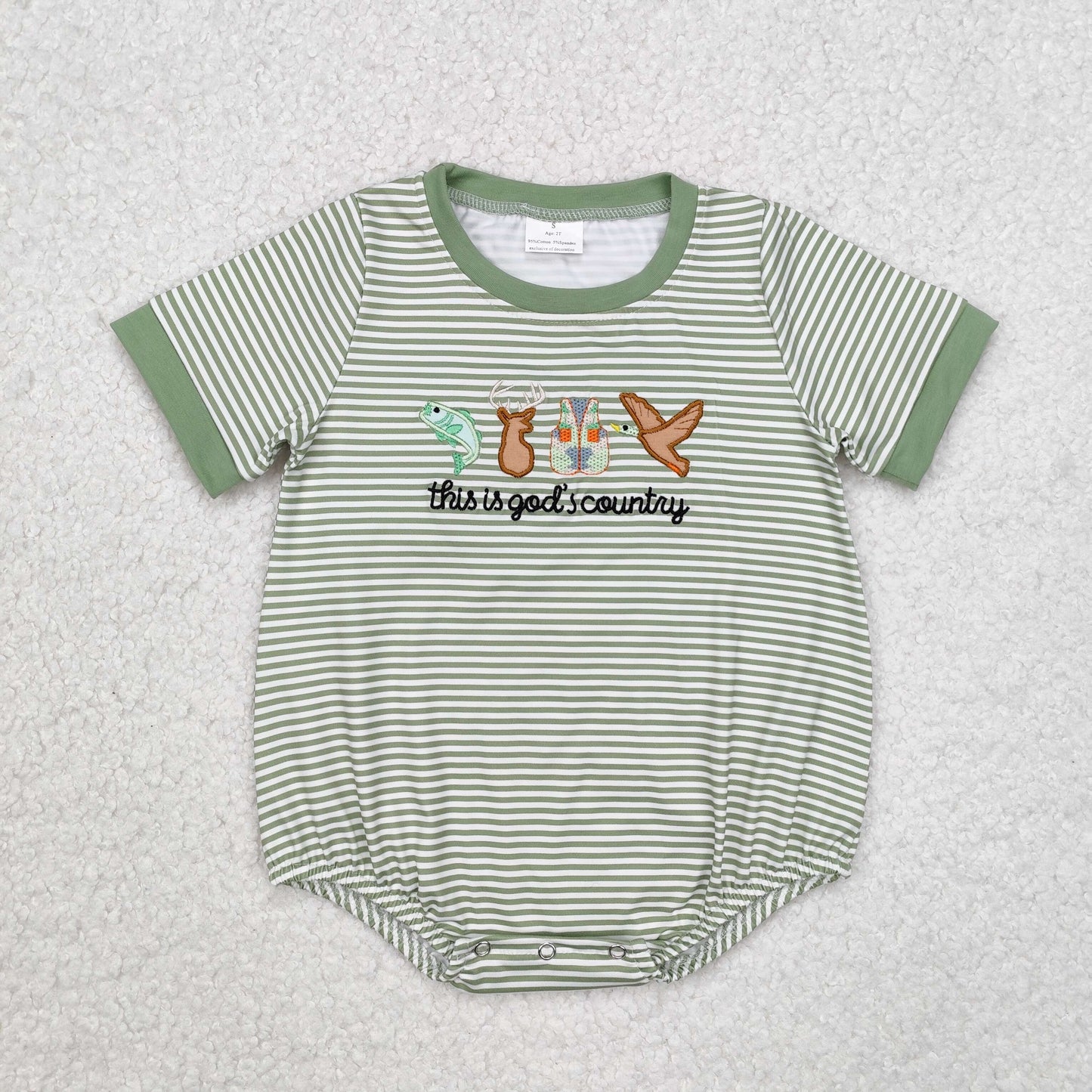 God's country animals pattern embroidery green stripe Baby Romper
