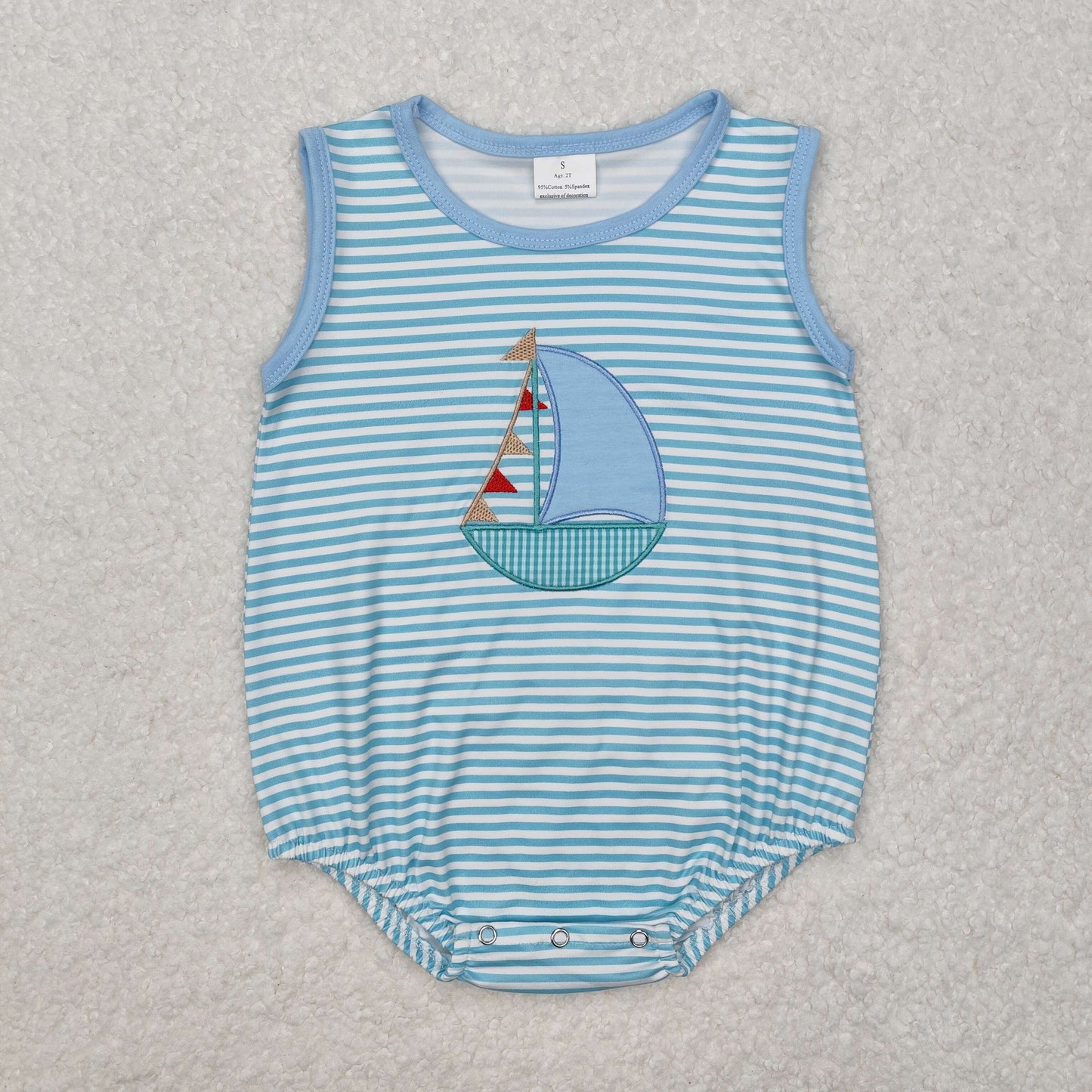 Blue stripe sea boat embroidery Baby Romper