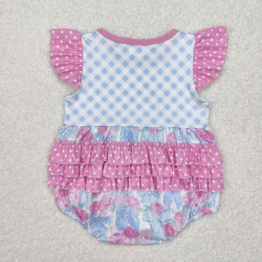 Pink plaid bow flowers leaf girl Baby Romper