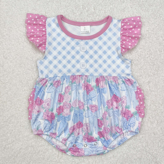 Pink plaid bow flowers leaf girl Baby Romper