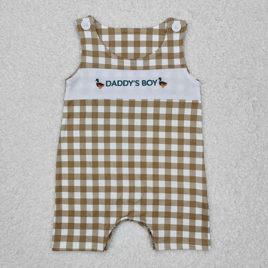 brown white plaid embroidery duck pattern Baby Romper