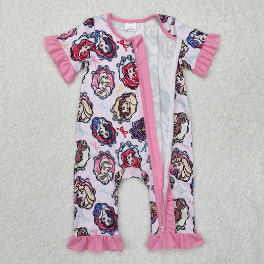pink cartoon print Baby Romper With zipper