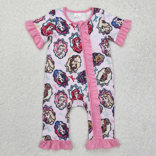 pink cartoon print Baby Romper With zipper
