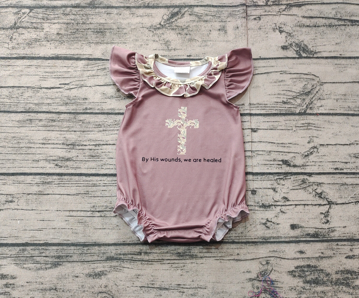 pre -order brown camo crucifix baby romperSR2310