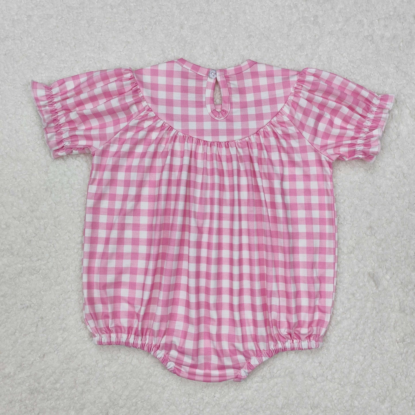 pink plaid bow embroidery Baby Romper