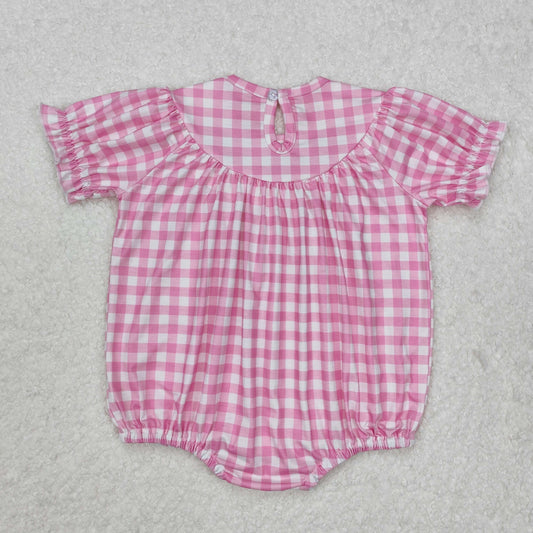 pink plaid bow embroidery Baby Romper