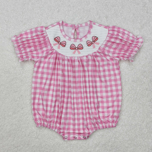 pink plaid bow embroidery Baby Romper