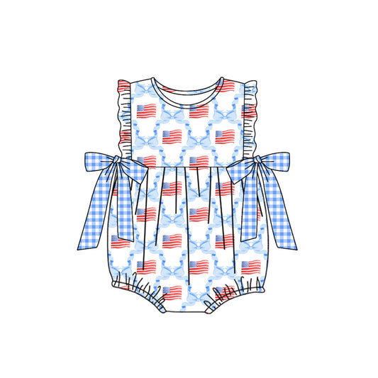 pre -order blue bow flag print short sleeve baby romperSR2353