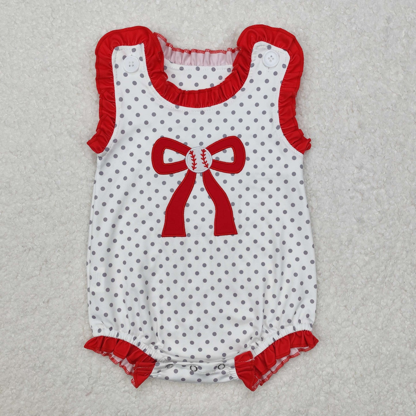 red basrball bow polka embroidery Baby Romper