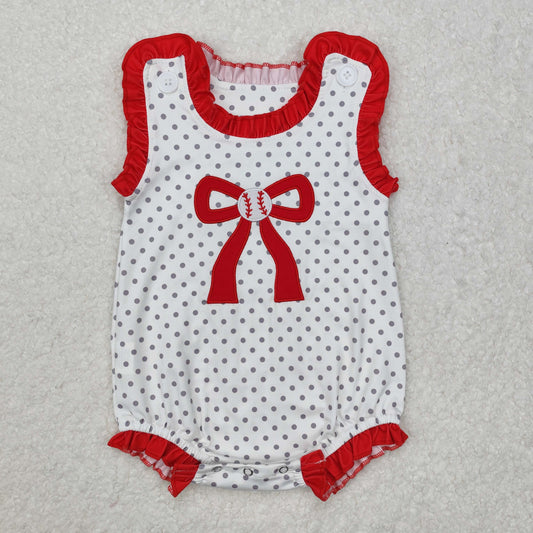 red basrball bow polka embroidery Baby Romper