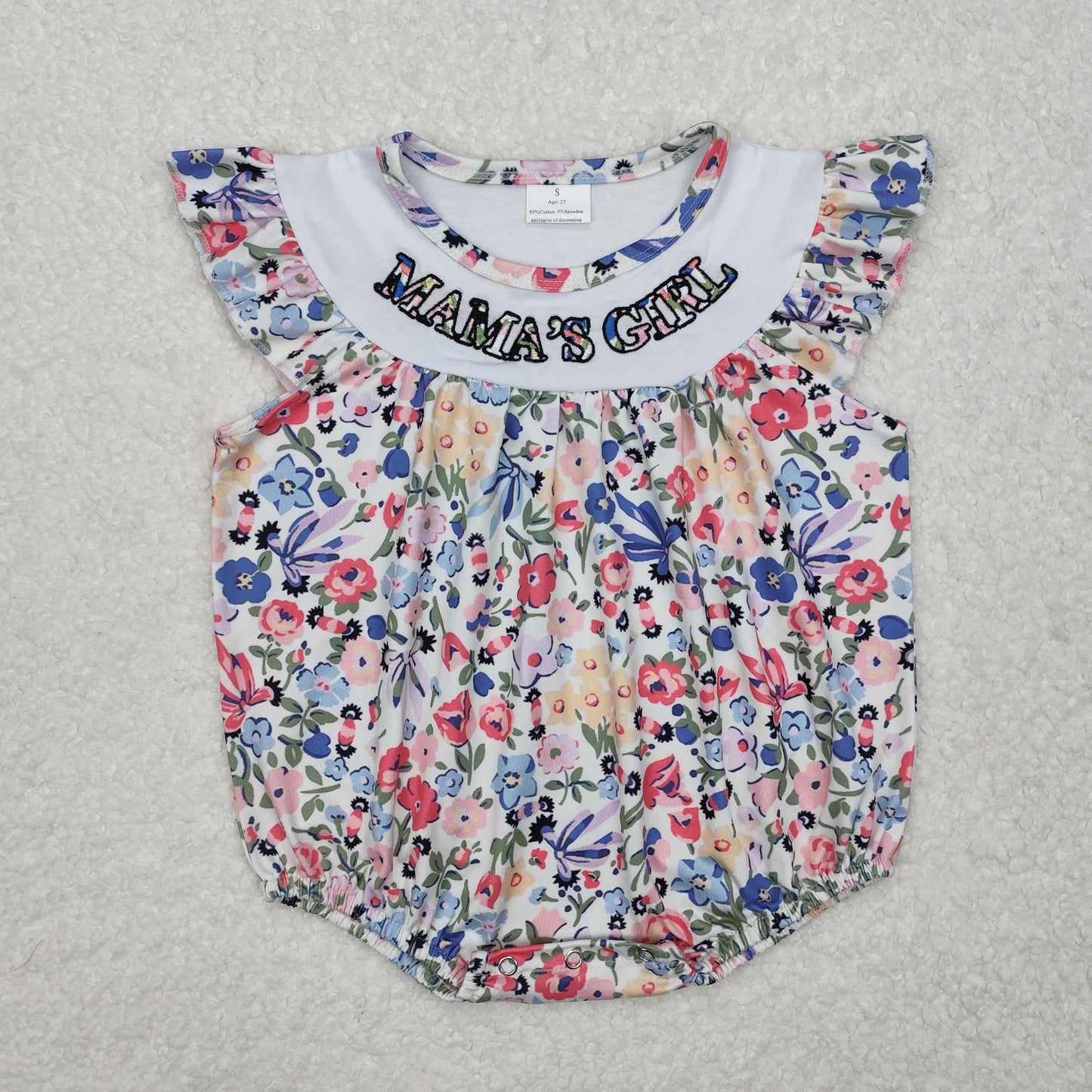 MAMA'S GIRL embroidery flowers leaves Girls romper