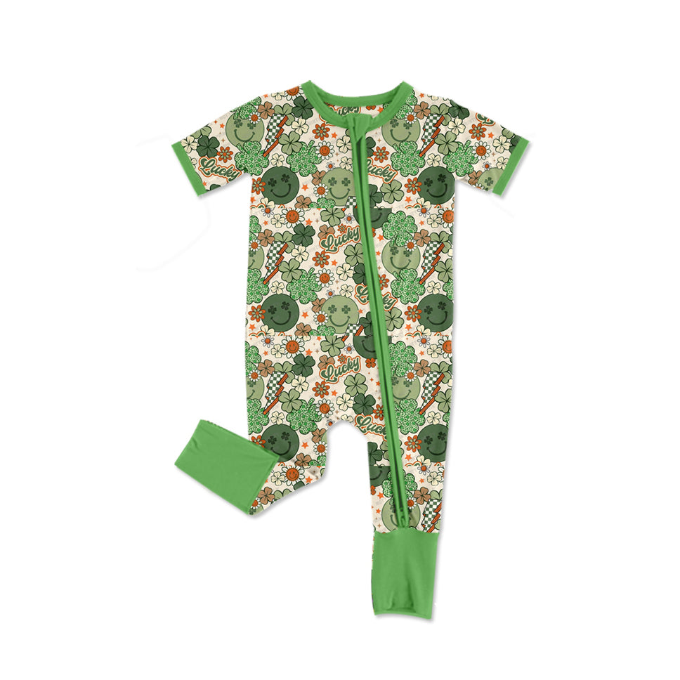 Pre-order green flowers smile print with zipper short sleeve baby romper SR2395