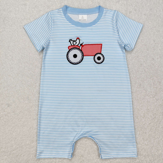 blue stripe tractor embroidery Print Baby Romper