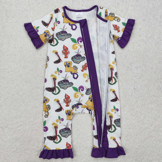 Mardi gras print Baby girl Romper With zipper