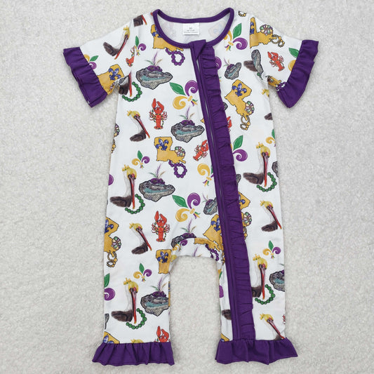 Mardi gras print Baby girl Romper With zipper