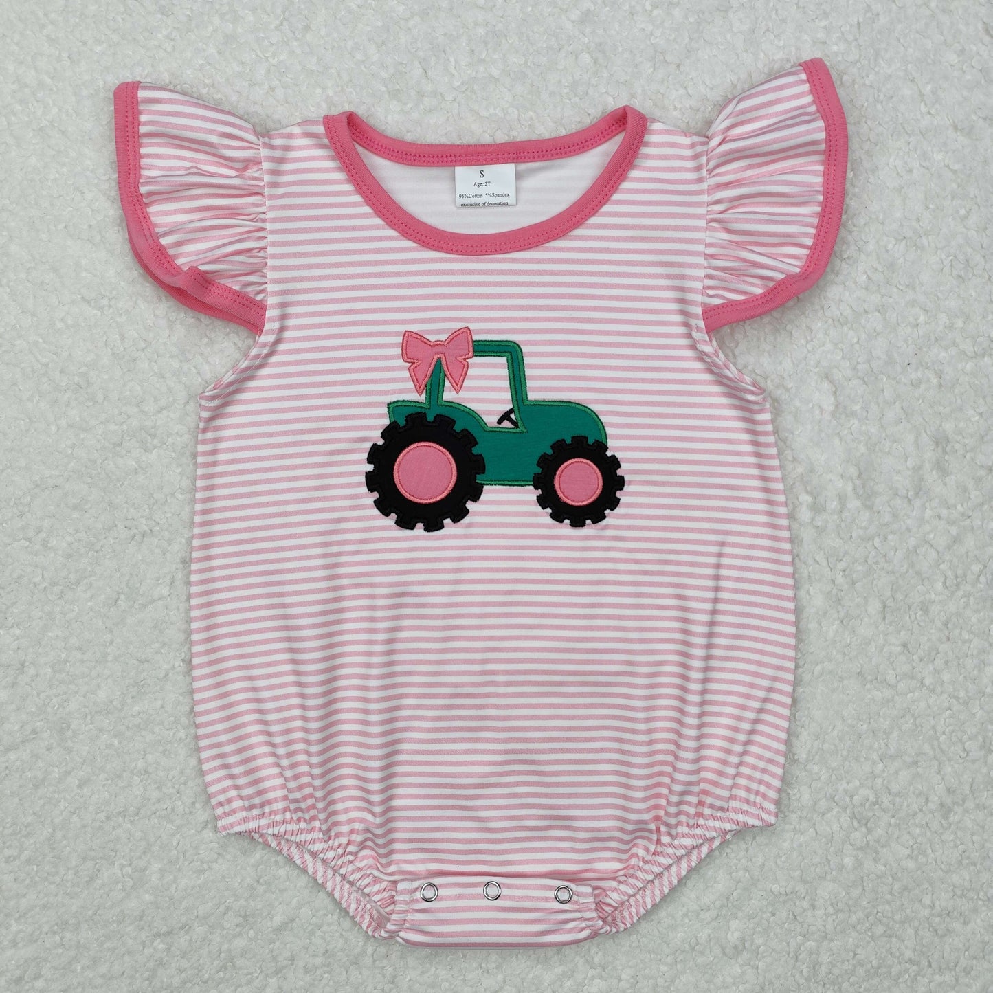 pink stripe tractor embroidery Baby Romper