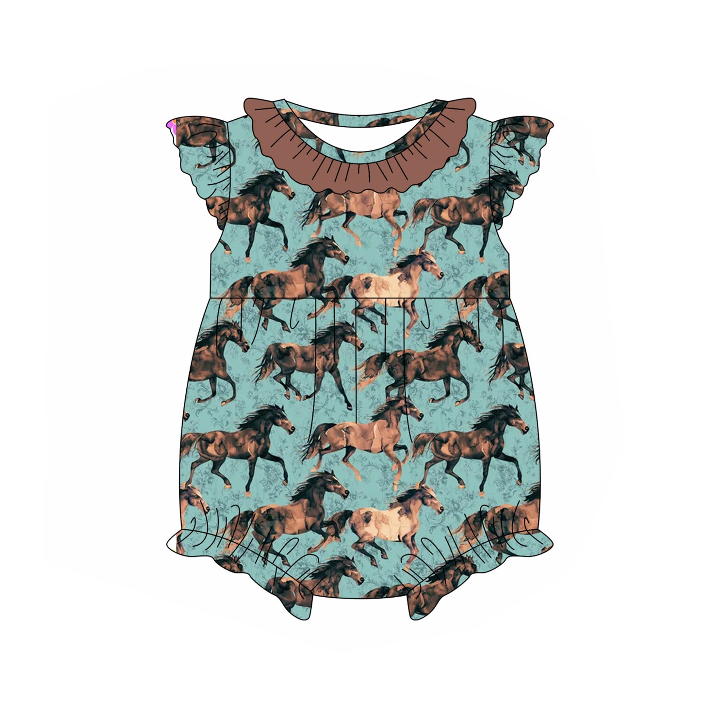 Pre-order green hunting horse print flying sleeve baby romperSR2747