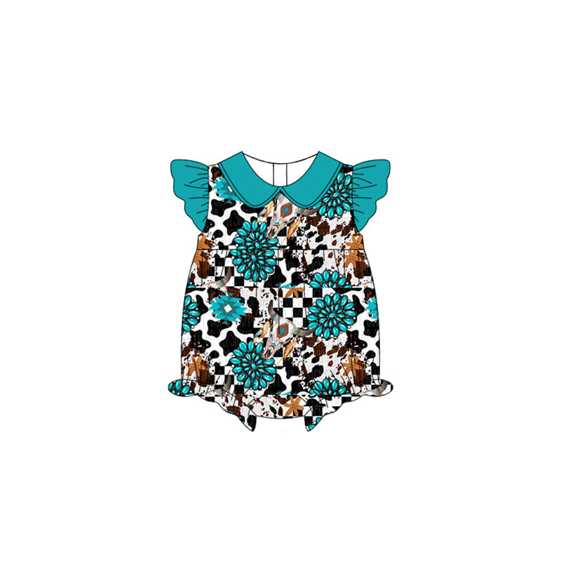 Pre-order turquoise cow leopard short sleeve baby romperSR2274