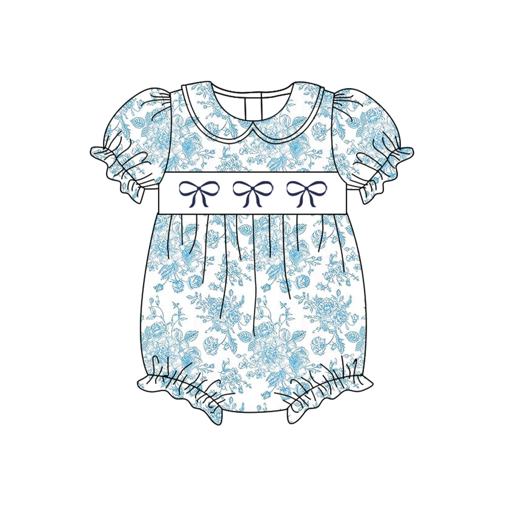 Pre-order blue flowers bows print short sleeve baby romperSR2784