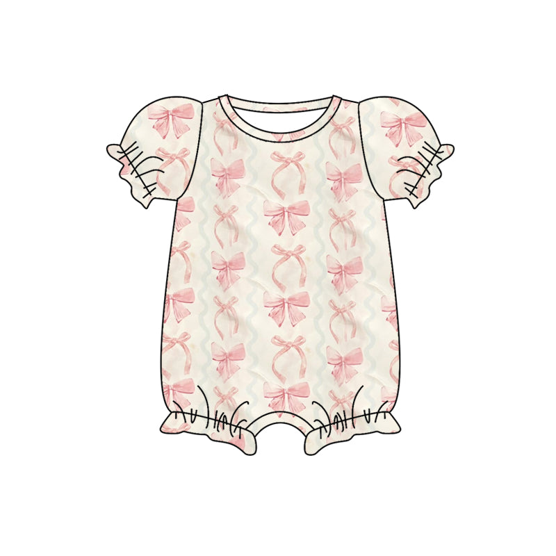 Pre-order pink bows beige stripe short sleeve baby romperSR2786