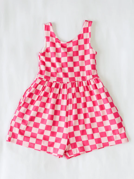 Pre-order Pink plaid print sleeveless romper SR2862