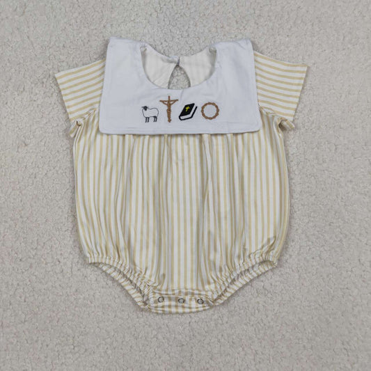 Embroidery sheep cross yellow stripes Short Sleeve Baby Romper SR3802