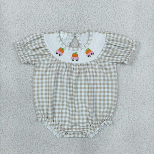 SR4280 Smocked Fall Pumpkin Car Plaid Baby Bubble Romper