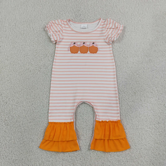 SR4284 Embroidery Fall Pumpkin Bows Stripe Pink Baby Girls Romper