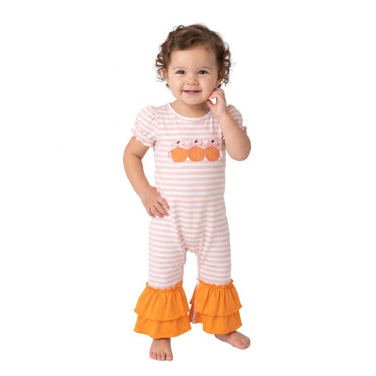 SR4284 Embroidery Fall Pumpkin Bows Stripe Pink Baby Girls Romper