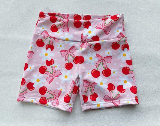 pre -order pink bow cherry flowers print girl swim Shorts SS0541