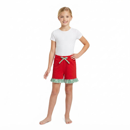 SS0997 Solid Color Stripe Ruffles Red Girl's Shorts