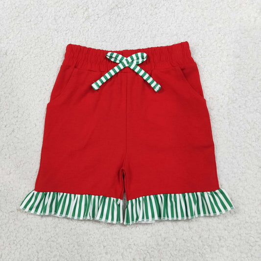 SS0997 Solid Color Stripe Ruffles Red Girl's Shorts