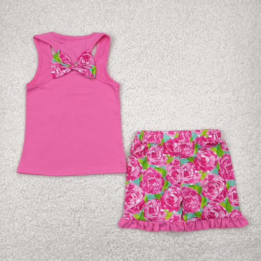Hot pink floral bow embroidery sleeveless girl set