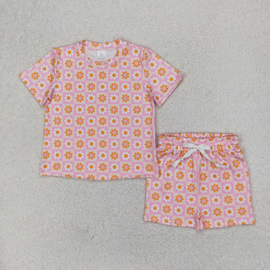 Summer Pink yellow flowers short sleeve girls SetGSSO2425
