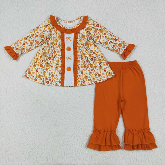 Halloween pumpkin embroidery flowers girl outfits GLP2361