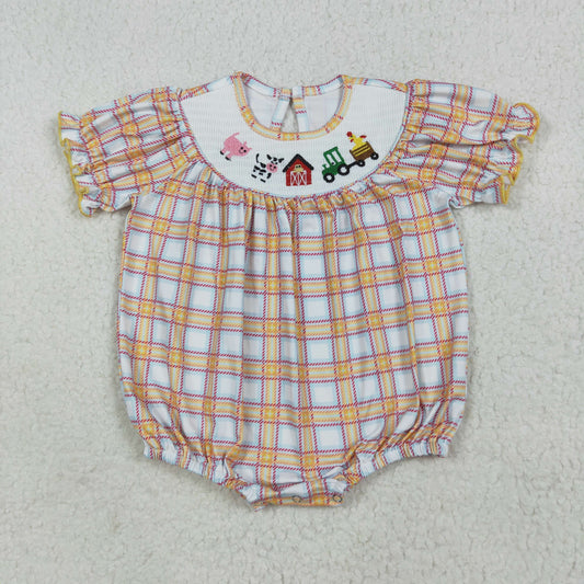 Orange Plaid animals Smock Baby RomperSR2982