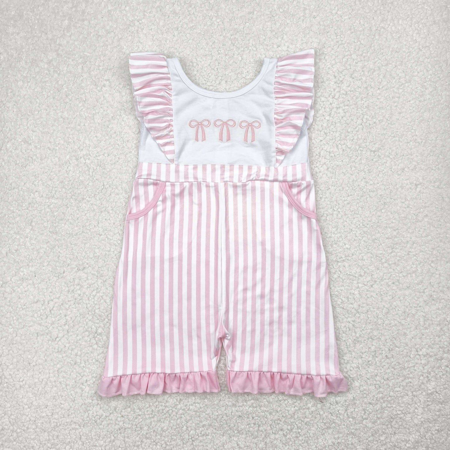Pink bow embroidery stripe sleeveless Baby Romper