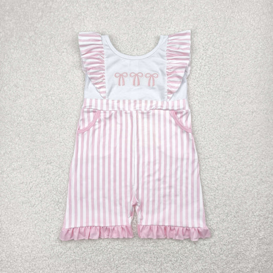 Pink bow embroidery stripe sleeveless Baby Romper